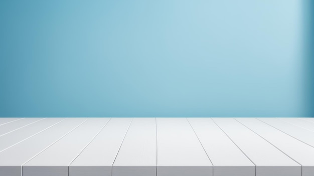 mesa blanca con fondo de pared azul