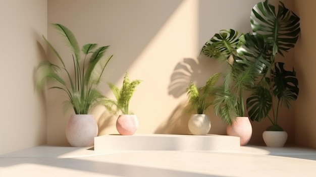 Una mesa blanca con jarrones rosas y plantas.