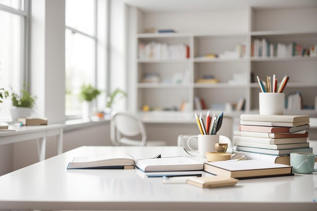 Mesa blanca con libros de papelería y espacio de copia en una sala de estudio borrosa