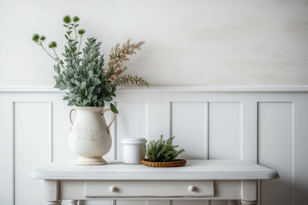 Mesa blanca de madera sobre una pared retro blanca con una composición