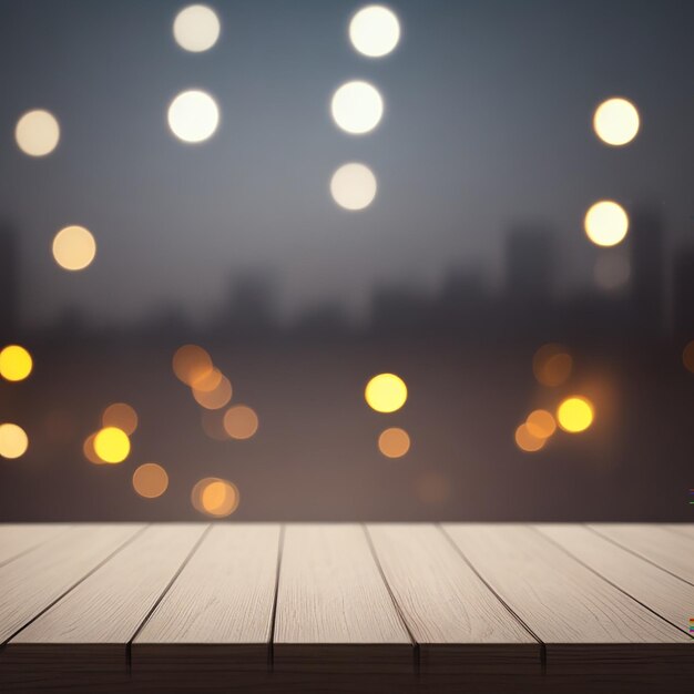 Mesa blanca de madera vacía frente a luces borrosas de la ciudad por la noche generadas por IA