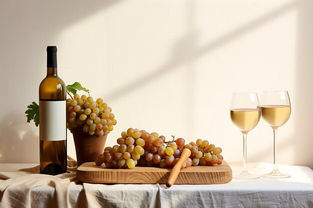 Foto mesa blanca con maíz, uvas y vino