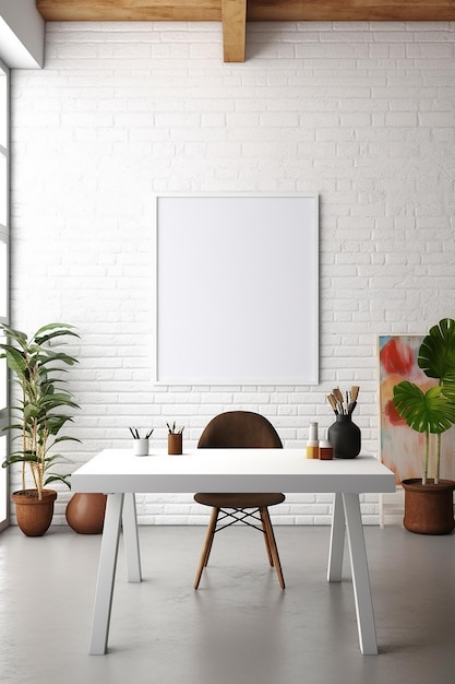 Una mesa blanca con una mesa blanca y un cartel blanco en la pared.