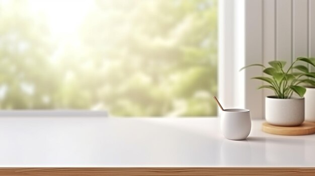 Mesa blanca con una olla y una taza de café al fondo de la ventana