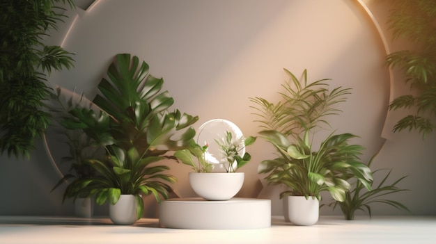 Una mesa blanca con plantas encima y un espejo en la pared.