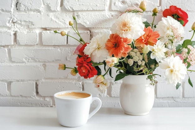 Mesa blanca con ramo de flores Taza de café en la pared de ladrillo blanco Fondo Tarjeta de felicitación de la mañana