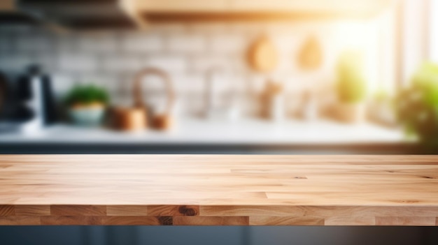 Foto mesa en blanco de tablero de madera frente a un fondo borroso creado con tecnología de ia generativa