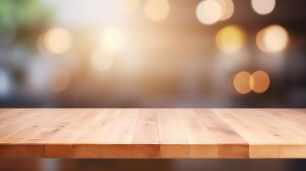 Foto mesa en blanco de tablero de madera frente a un fondo borroso creado con tecnología de ia generativa