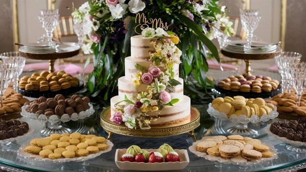 Mesa de bocadillos y postres para bodas