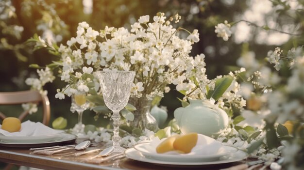 Una mesa para una boda con flores y frutas