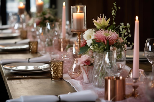 Mesa de boda preparada con flores y velas.