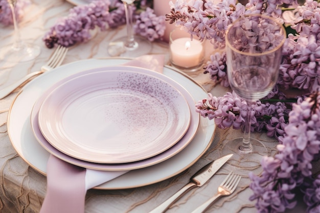 Foto mesa de boda de primavera decorada con flores lilas boho vista desde arriba