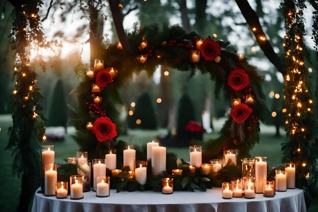 Una mesa para una boda con velas y flores