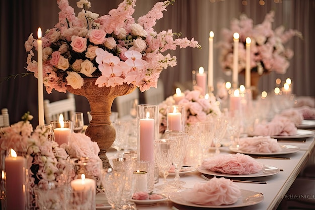 Mesa de bodas decorada con flores y velas de cerca Mesa de banquete de bodas Decorada con flores y vela Interior del lugar de la boda Generado por IA