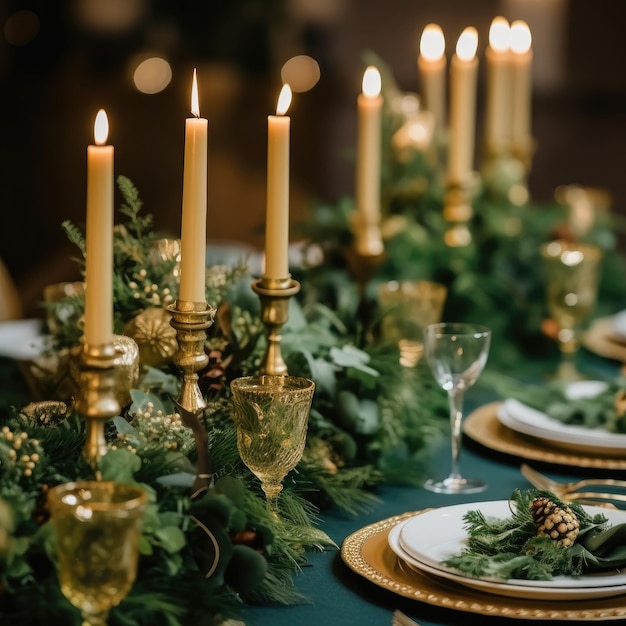 Mesa de bodas dispuesta en estilo boho con hierba de pampas y vegetación mesa de madera generativa ai