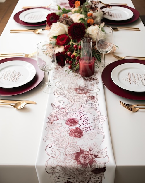 una mesa de bodas con flores rojas y blancas, platos de oro y servilletas de borgoña en la mesa