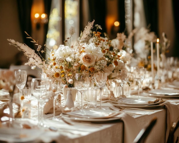 la mesa de bodas en el interior del restaurante tonos ligeros y cálidos