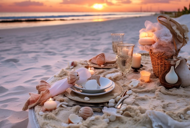 Mesa de bodas en la playa del océano al atardecer IA generativa