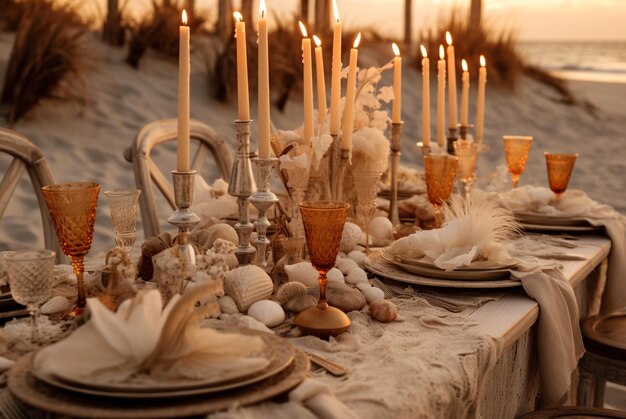 Mesa de bodas en la playa del océano al atardecer IA generativa