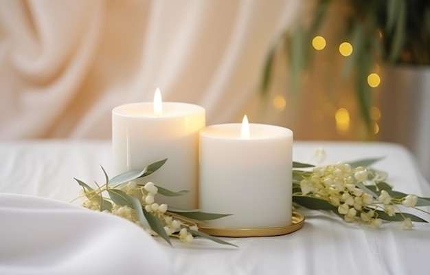 Mesa de bodas con velas de servilleta blanca y decoración de ramas de olivo