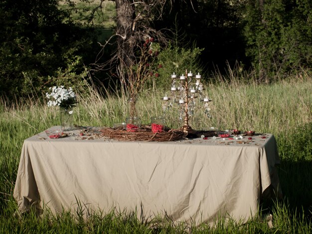 Mesa boêmia decorada no campo das gramíneas.