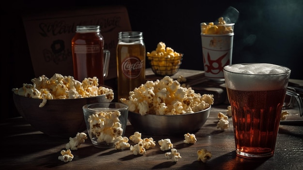 Una mesa con un bol de palomitas de maíz y un vaso de cerveza de coca cola