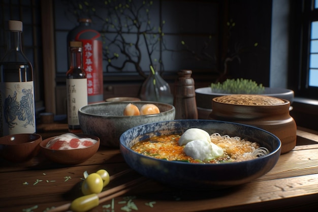 Una mesa con una botella de alcohol y un plato de fideos con las palabras "comida".