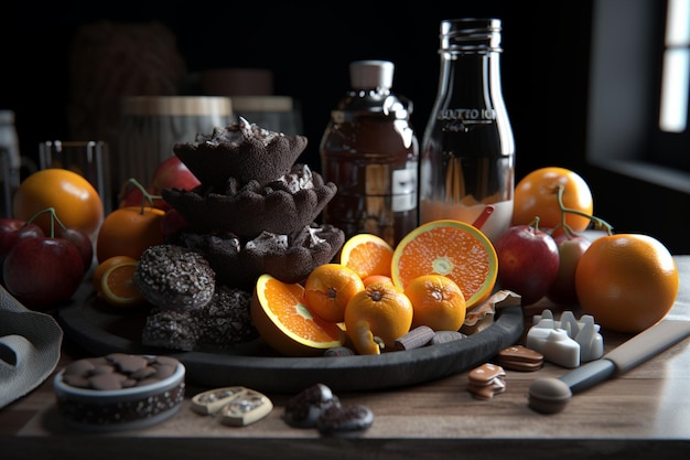 Una mesa con una botella de chocolate y una botella de espresso