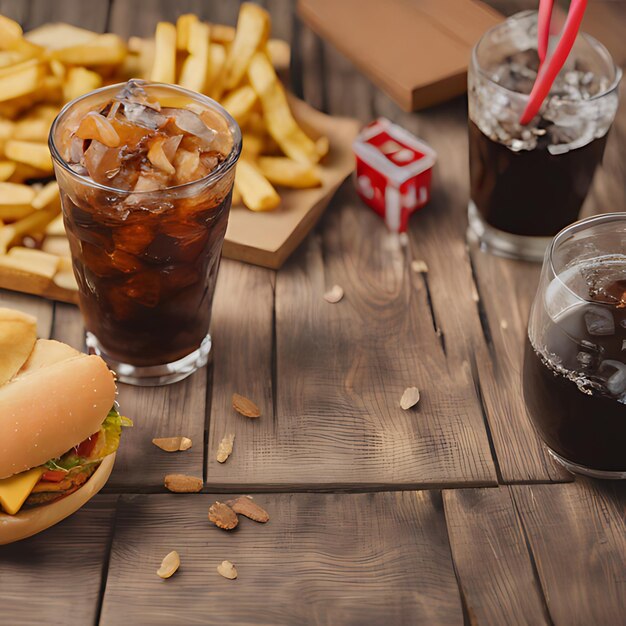 Foto una mesa con una botella de refresco y un sándwich y algunas papas fritas