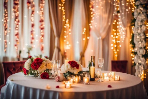 Foto una mesa con una botella de vino y flores en ella