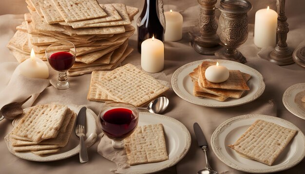 una mesa con una botella de vino y galletas en ella