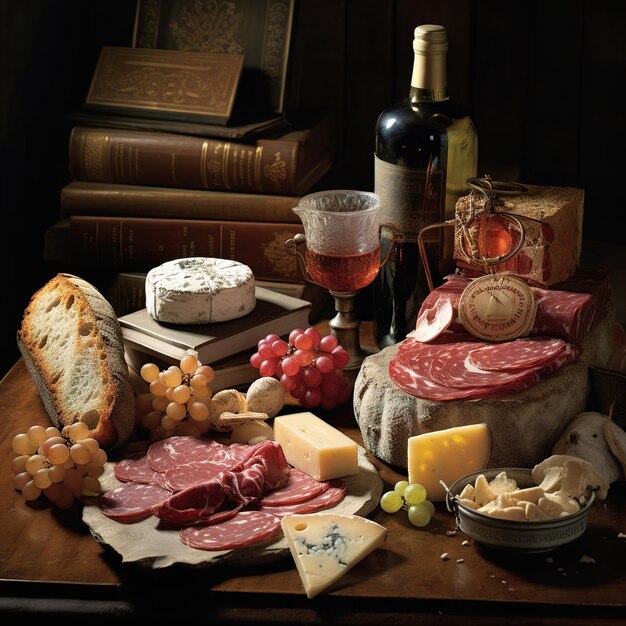 Foto una mesa con una botella de vino y queso y una botella de vino