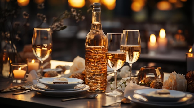 Una mesa con una botella de vino y vasos de vino en ella