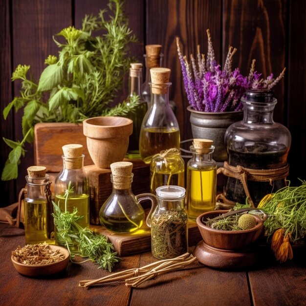 una mesa con botellas de aceite de oliva, hierbas y hierbas.