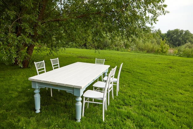 Mesa branca com cadeiras debaixo de uma árvore no gramado