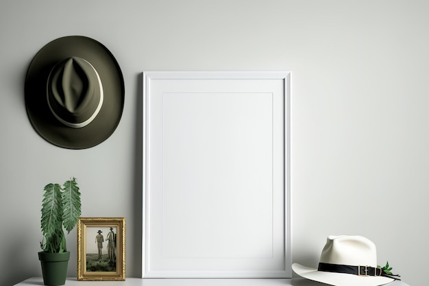 Mesa branca com molduras de cartaz em branco e chapéu perto de parede elegante e leve