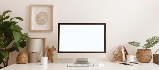 Mesa branca com xícara de café de computador e porta-retratos em um espaço de trabalho elegante