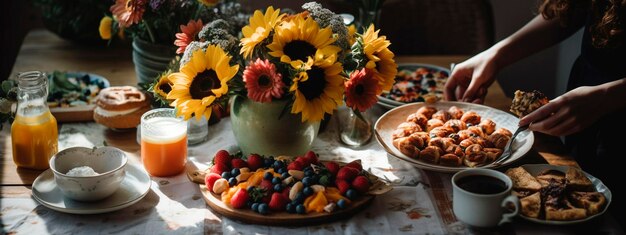 Mesa de brunch con flores y mujer en el fondo enfoque suave IA generativa