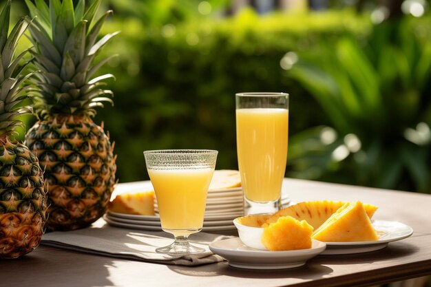 Una mesa de brunch de temática tropical con vasos de jugo de piña