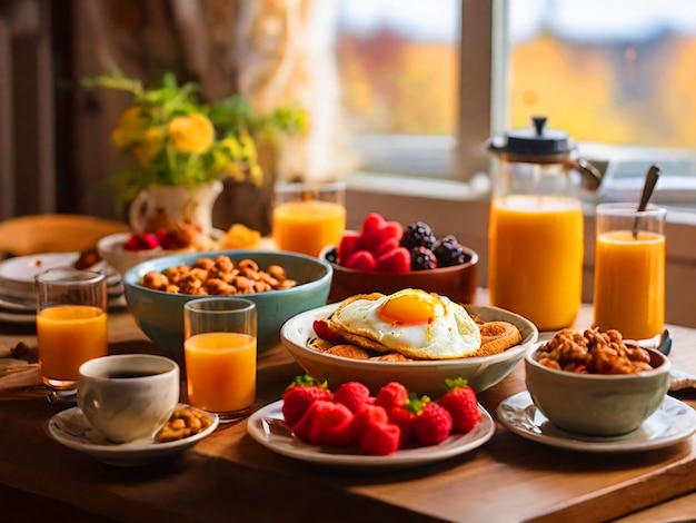 Una mesa con un buen desayuno