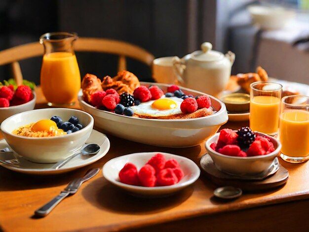 Una mesa con un buen desayuno