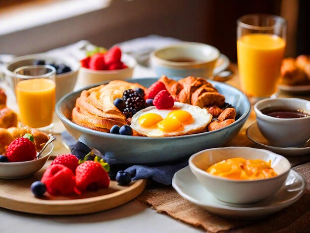 Una mesa con un buen desayuno