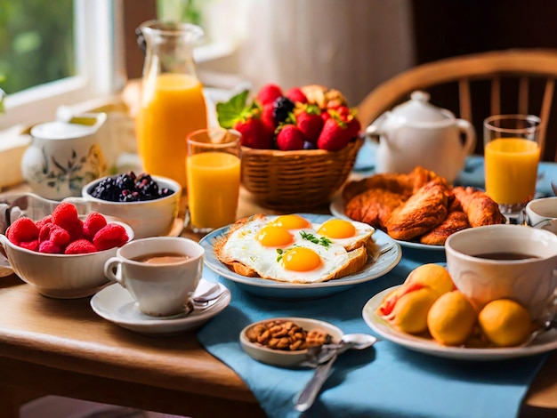 Una mesa con un buen desayuno