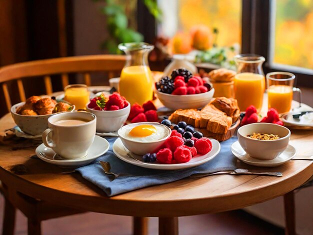 Una mesa con un buen desayuno