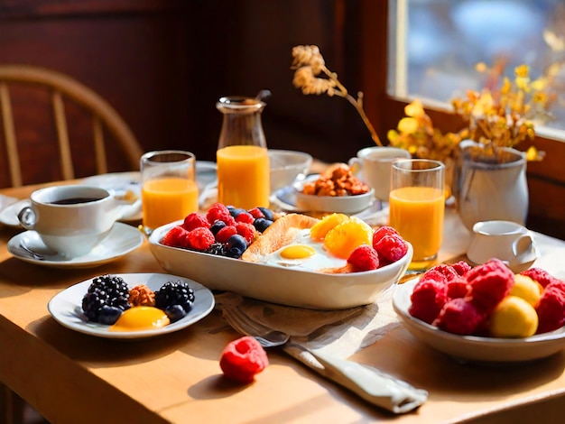 Una mesa con un buen desayuno