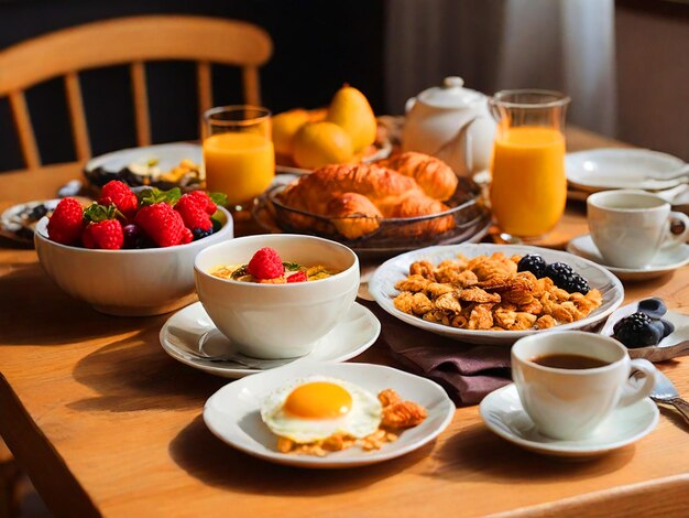 Una mesa con un buen desayuno