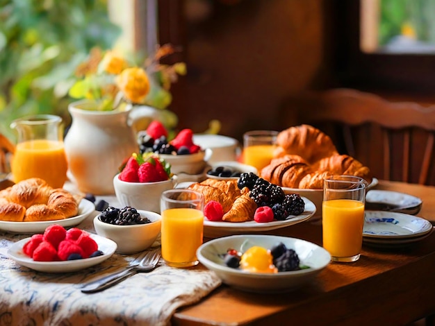 Una mesa con un buen desayuno