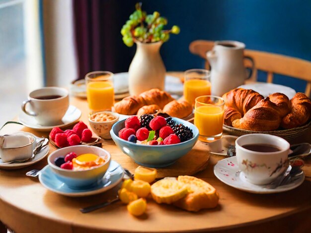 Una mesa con un buen desayuno