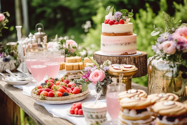 Mesa de buffet de bodas evento comida de postre catering para bodas y celebraciones navideñas tartas dulces y postres en un jardín campestre ai generativo