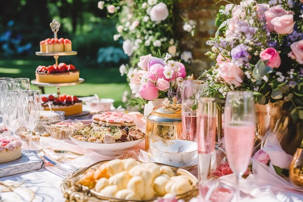 Mesa de buffet de bodas, eventos, postres, catering para bodas y celebraciones navideñas, pasteles, dulces y postres en un jardín campestre, ai generativo posprocesado